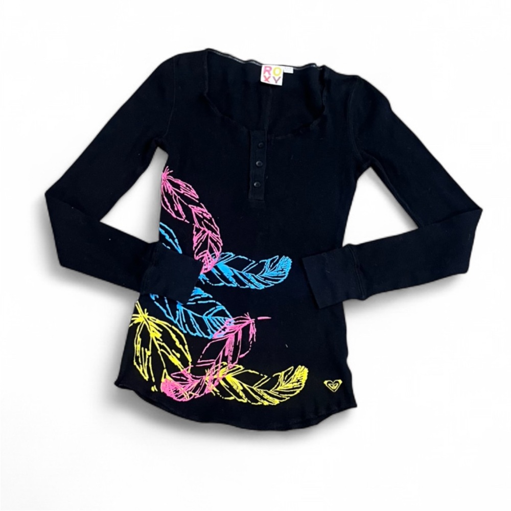 Roxy Black Henley Top with Feather Print